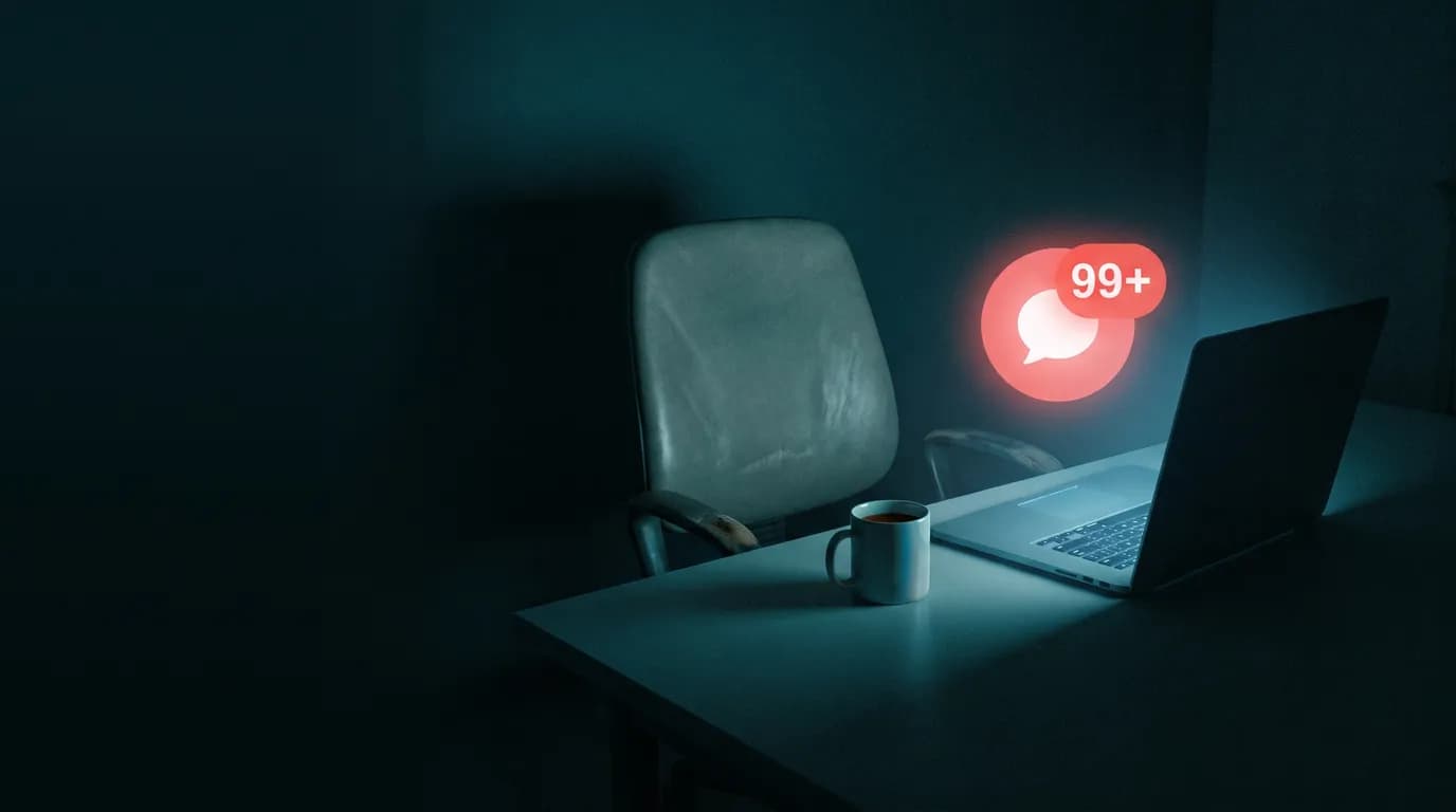 Ein leerer Schreibtisch bei Nacht mit verlassenem Bürostuhl und Kaffeetasse, nur ein Laptop leuchtet. Neben dem Bildschirm schwebt ein großes rotes Chat-Symbol mit der Zahl 99+.