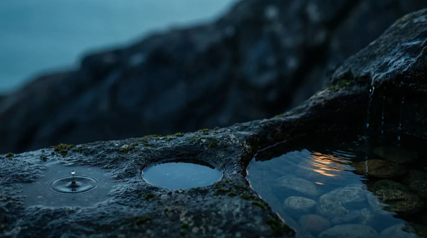 Drei Stufen Wasser auf dunklem Stein: ein fallender Tropfen, ein stilles Becken und ein klarer Teich mit Kieseln, in den feine Rinnsale fließen.