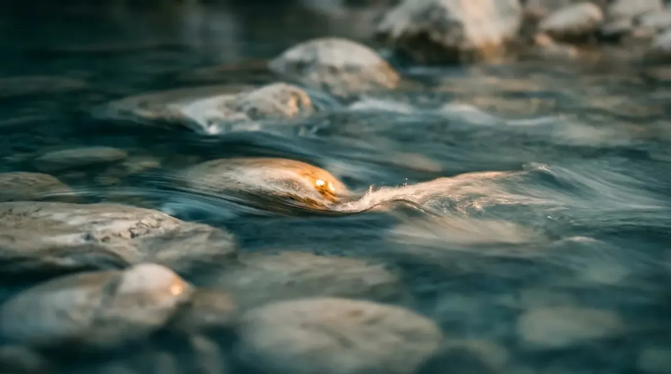 Glatte Kiesel in flachem, fließendem Wasser, einer davon von einem warmen Lichtschein gestreift.